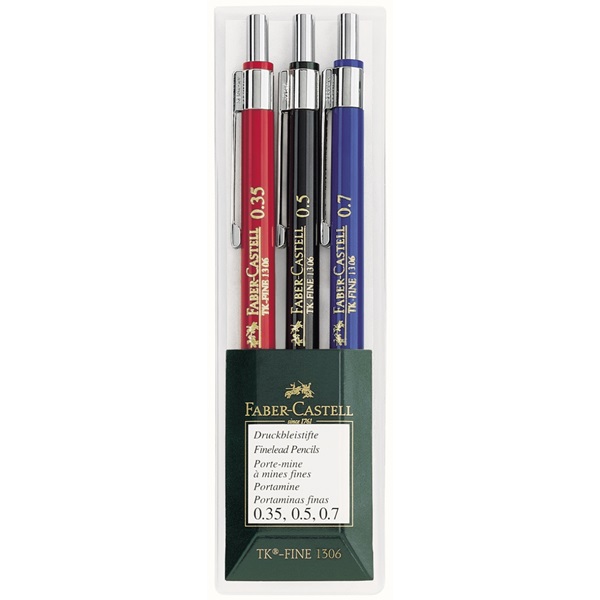 Image of Stiftpennset Faber-Castell Mechanical pencil TK-FINE wallet of 3: 0,35 0,5 0,7 röd/svart/blå skaft 130622 4005401306221