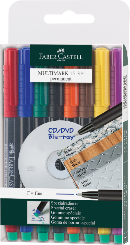 Image of Märkpenna Faber-Castell Multimark 1513 F 0,6mm Box/8 färger (5F) 151309 4005401513094