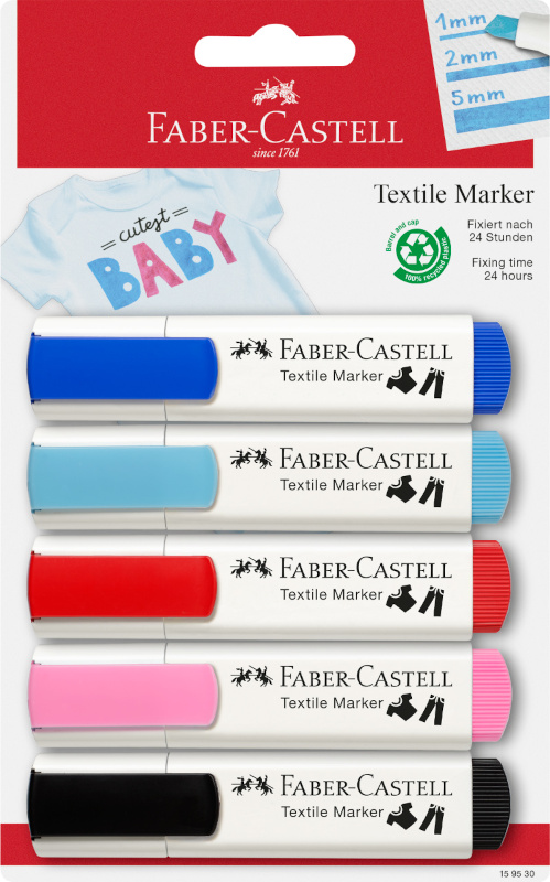Image of Tygpenna Faber-Castell Marker blister med 5 färger inkl. blå & rosa pastell (5F) 159530 4005401595304