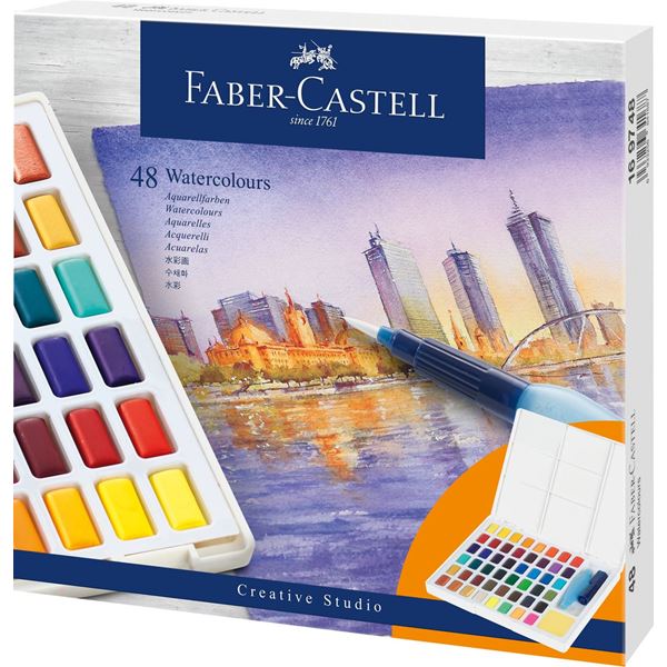 Image of Akvarellset Faber-Castell 48 sorterade färger helkopp + vattenpensel 169748 6933256641687