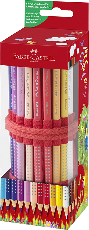 Image of UTGÅTTFärgpenna Faber-Castell Redline Grip Pastell  i röd rulle + sleeve mini vässare 201541 4005402015412