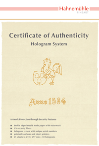 Image of Inkjet Hahnemühle Certificate of Authenticity A4 25ark + 50 holograms 10640397 4011367403973