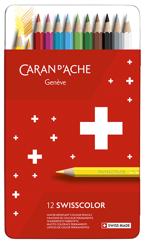 Image of Färgpennset Caran d´Ache Swisscolor, metal box 12 colours, permanent pencils 1284712 7630002342568