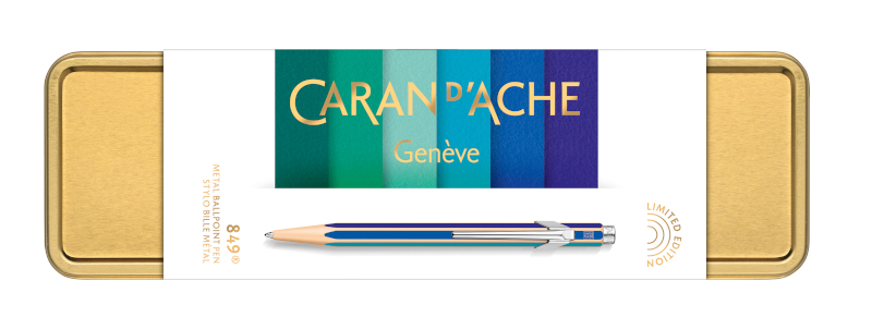 Image of Kulspetspenna Caran d´Ache Ballpoint pen 849 Rainbow cold colours, in golden metal box, Christmas 20 849122 7630002351041