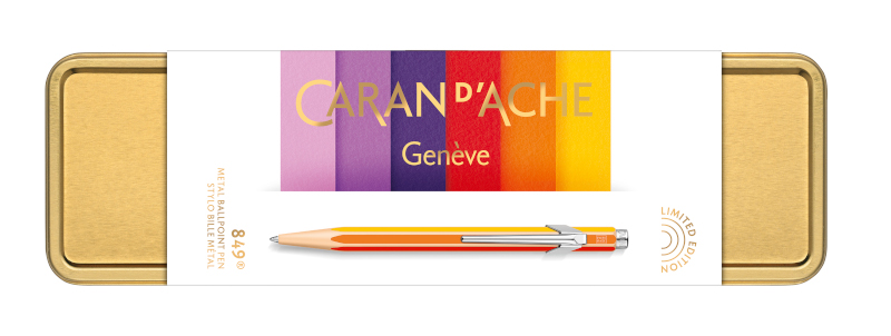 Image of Kulspetspenna Caran d´Ache Ballpoint pen 849 Rainbow warm colours, in golden metal box, Christmas 20 849222 7630002351058