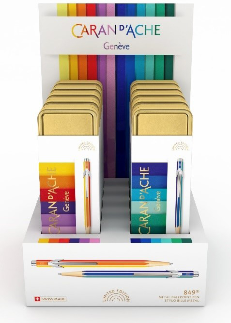 Image of Ställ Caran d´Ache ballpoint pen 849 Rainbow, in golden metal box, 10 pcs, Christmas 2022 849022 7630002351126