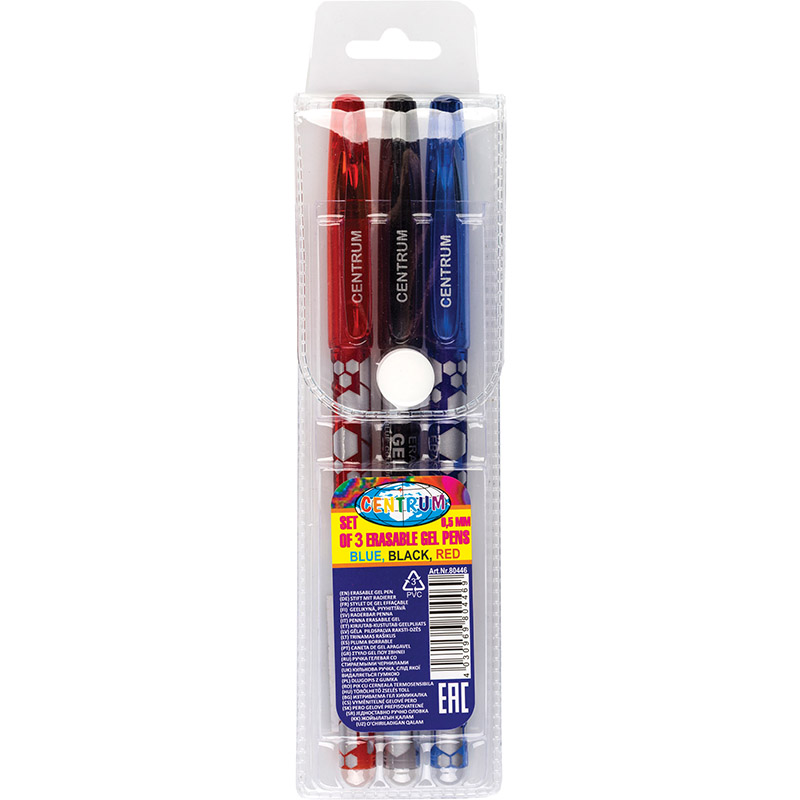 Image of Kulspetspenna Centrum Set of 3 colours gel pens Erasable (blues,black,red) 0.5mm (refillable) /PVC p 80446 4030969804469
