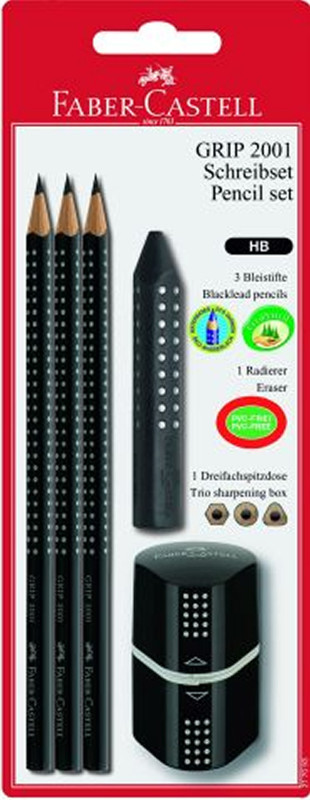 Image of UTGÅTTBlyertspennset Faber-Castell Grip 2001 Set. 3 pennor, sudd & vässare (10F) 217093 4005402170937