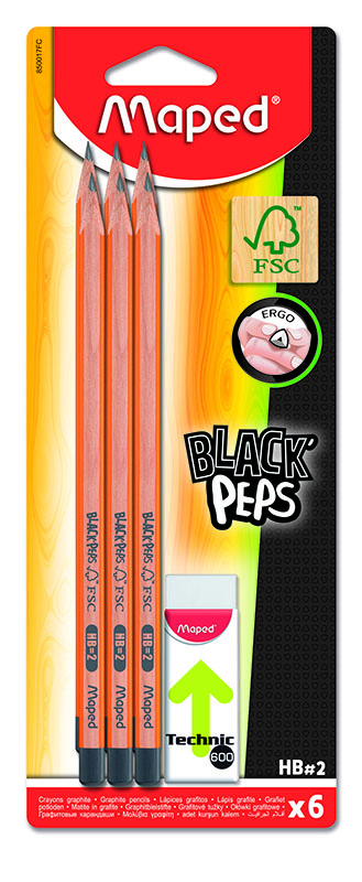 Image of Blyertspenna Maped Black Peps graphite pencils radertopp (12F) HB X6+ERASER BLIST 850017FC 3154148500179