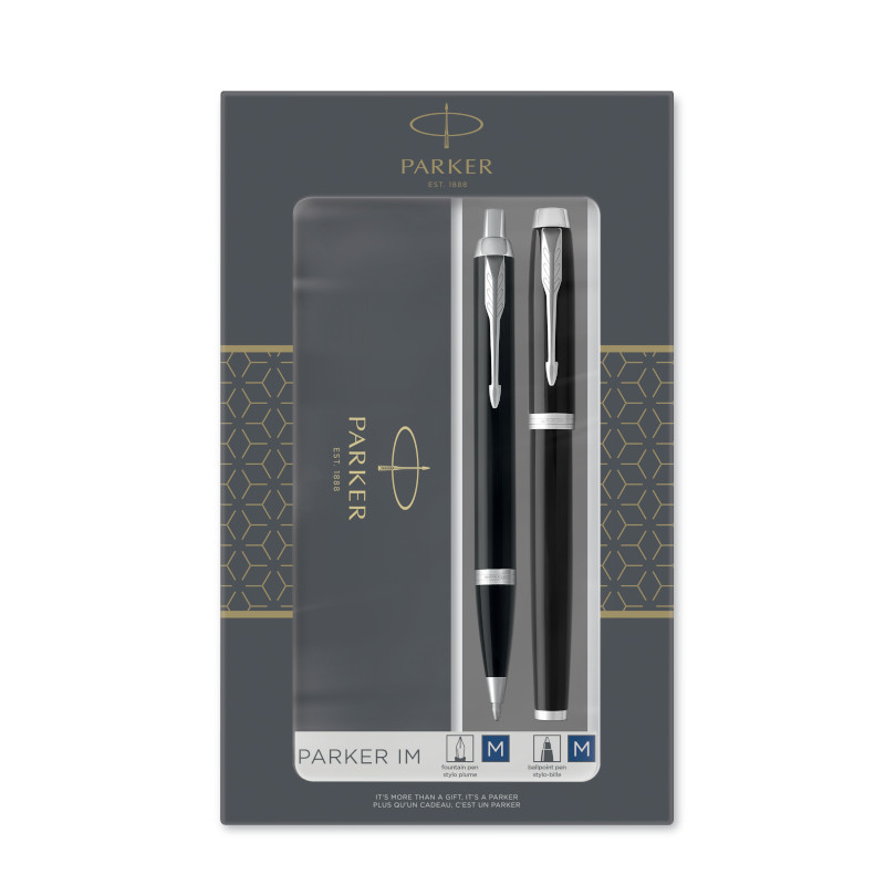 Image of Pennset Parker Duo Set IM Black Chrome Trim Ballpoint and Fountain Pen M Blue ink 2093215 3026980612887