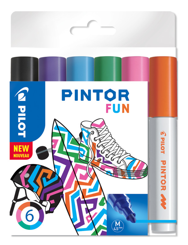Image of Fiberpennset Pilot Pintor - Set Fun Mix -x6- Medium -  Svart Violett Ljusblå Rosa Ljusgrön Orange 517436 3131910517436