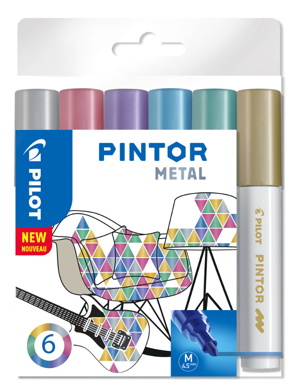 Image of Fiberpennset Pilot Pintor - Set Metal Mix -x6- Medium - Guld Blå Rosa Grön Violett Silver 517450 3131910517450