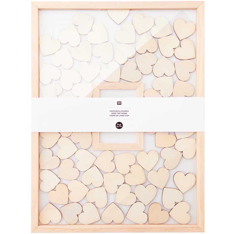 Image of Gästboksram RICO Design Drop top frame natural, 30x40cm, incl. 70 wooden hearts 500188 4065166004480