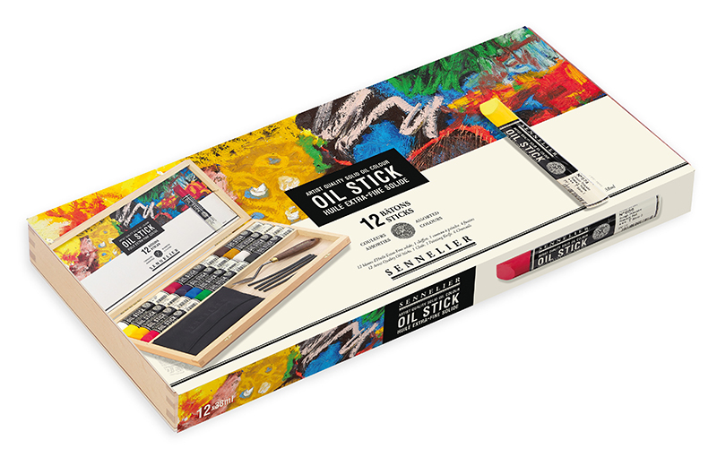 Image of Oil Stick Sennelier Wooden box 12 stick + accessories 13011800 3046450763611