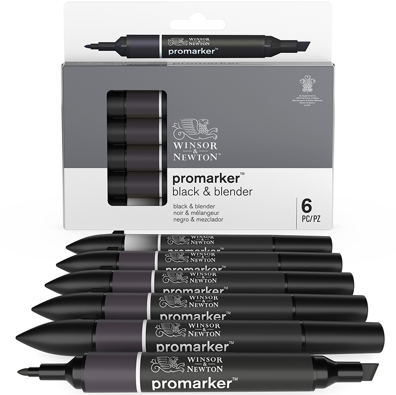 Image of Promarkerset Winsor & Newton 5 Black & 1 Blender 0290116 884955070413