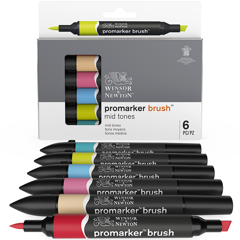 Image of Brushmarkerset Winsor & Newton 6 Mid tones 0290033 0290124 884955070499